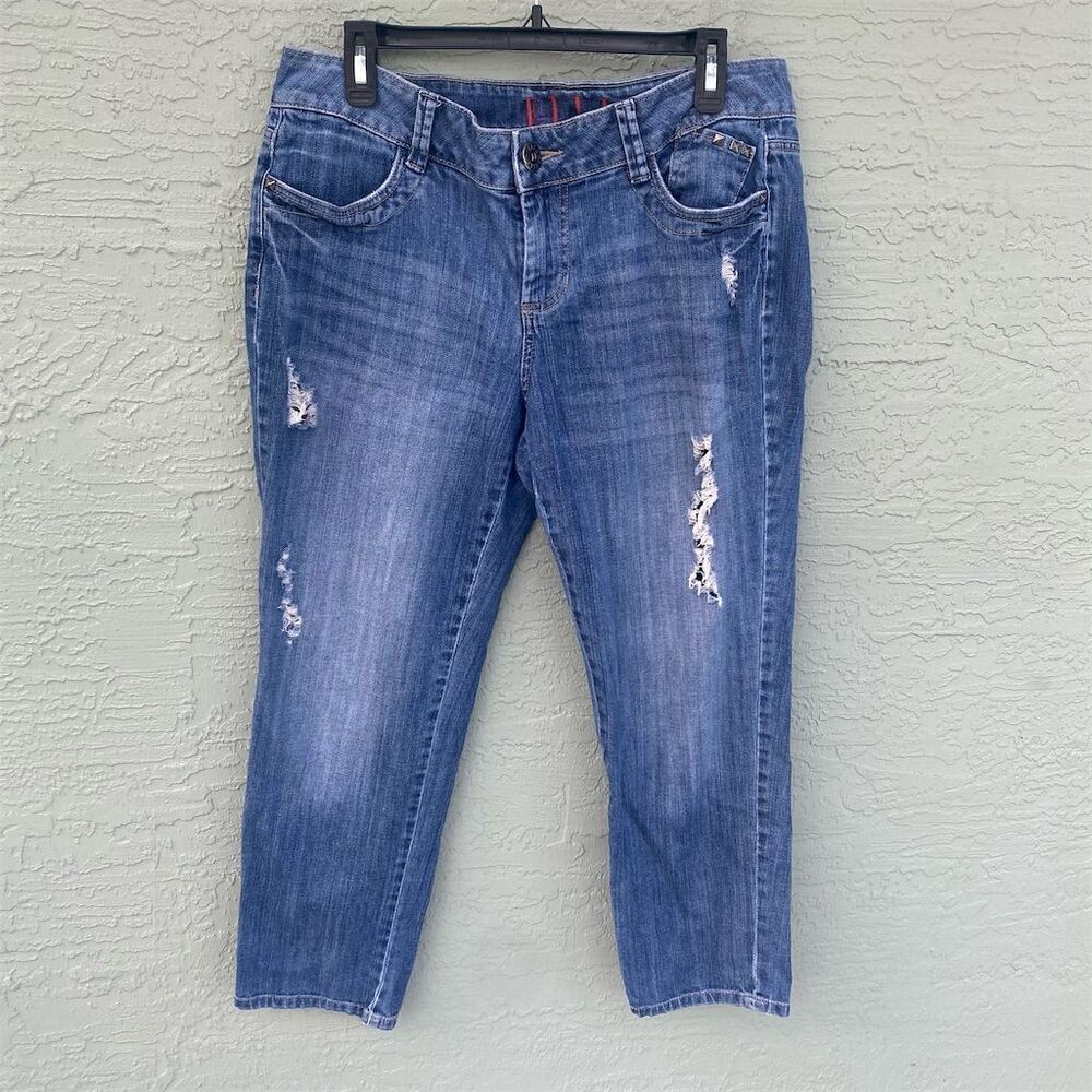 Elle Women's Distressed Straight Denim Jeans Blue Size 12